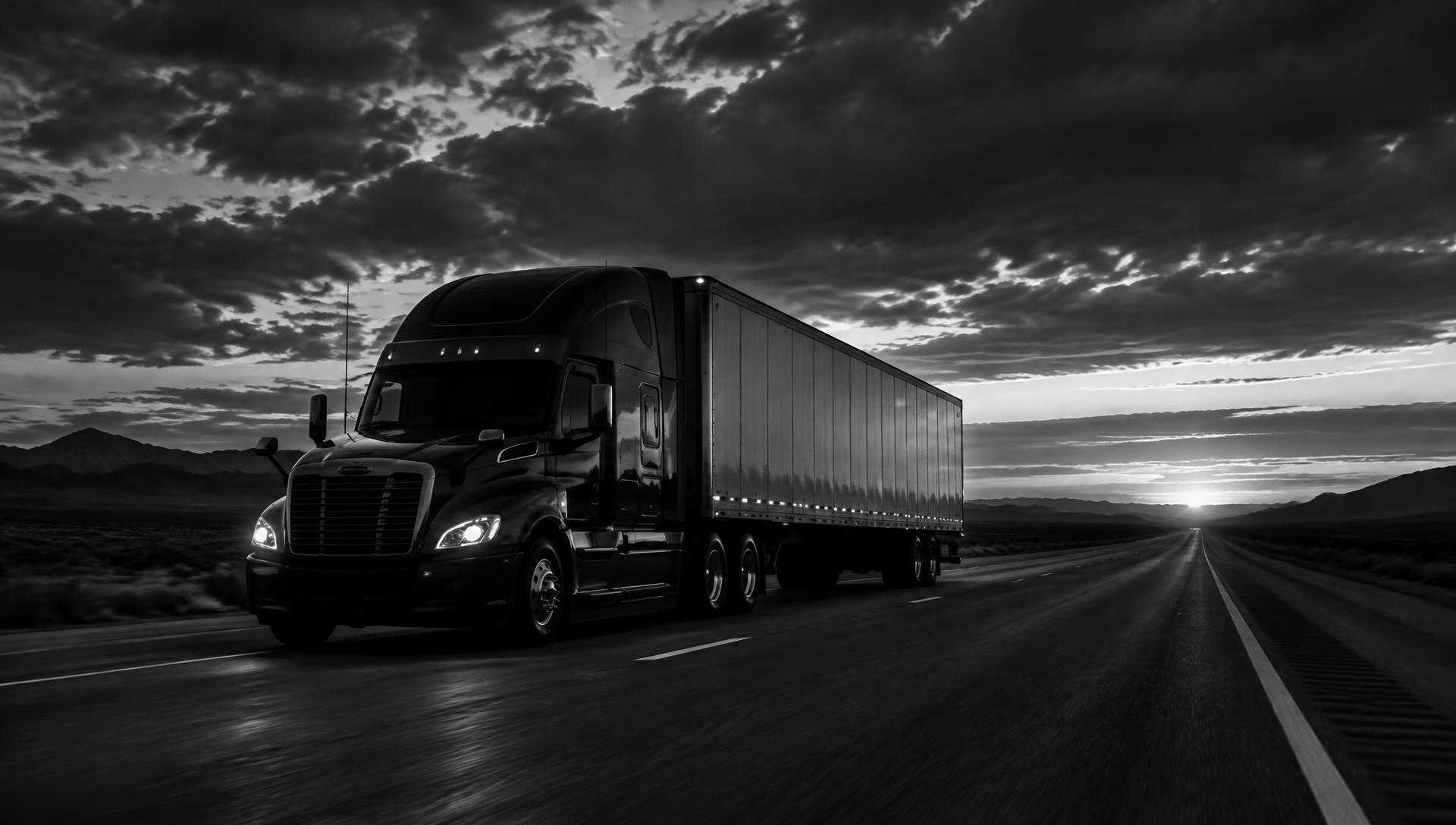 Alpha Bound semi truck on the highway at dusk